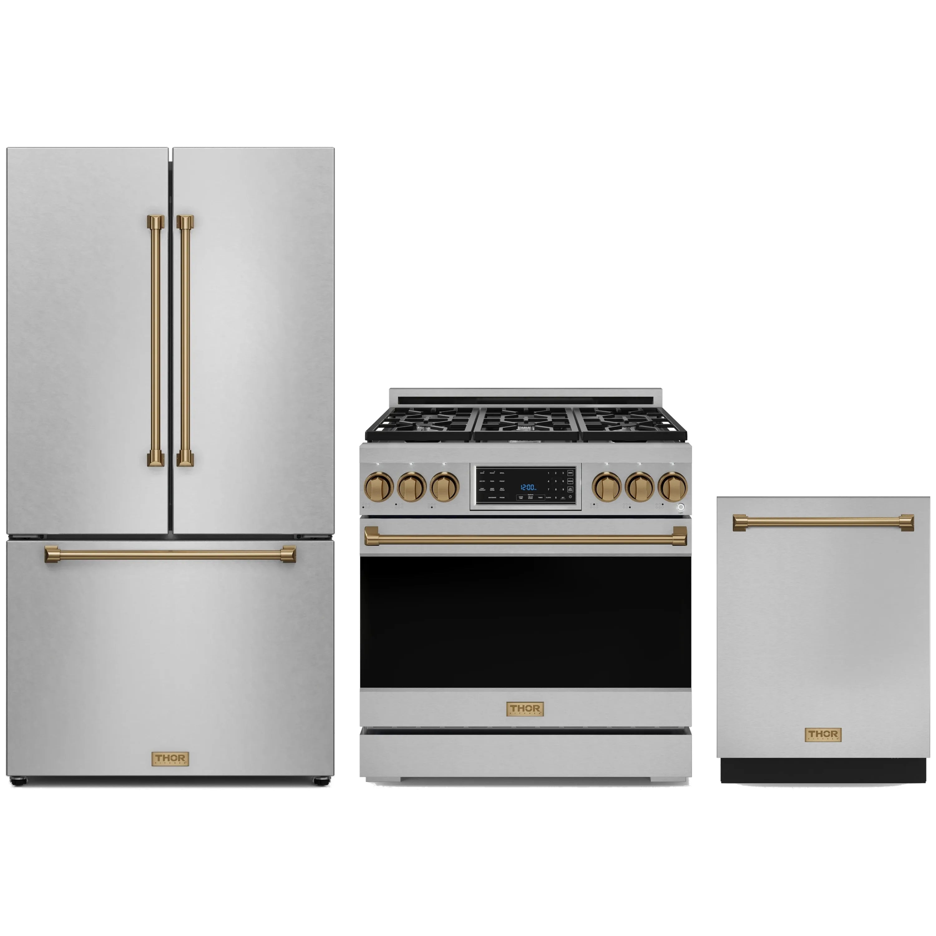 Stainless steel appliance package with gas range, refrigerator, and dishwasher, bronze trim