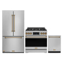 Gordon Ramsay by Thor Kitchen 3-Piece Appliance Package - 36-Inch Gas Range with Tilt Panel, 36-Inch Refrigerator, and Dishwasher in Stainless Steel with Bronze Trim