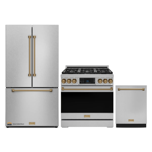 Thor Kitchen Gordon Ramsay 3-Piece Appliance Package - 36-Inch Gas Range with Tilt Panel, 36-Inch Refrigerator, and Dishwasher in Stainless Steel with Bronze Trim