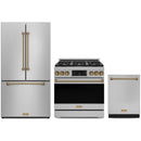 Gordon Ramsay by Thor Kitchen 3-Piece Appliance Package - 36-Inch Propane Gas Range, Tilt Panel, 36-Inch Refrigerator, and Dishwasher in Stainless Steel with Bronze Trim