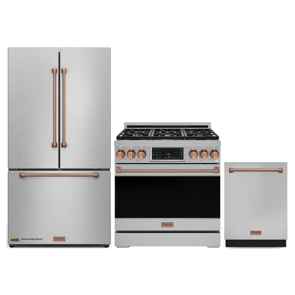 Thor Kitchen Gordon Ramsay 3-Piece Appliance Package - 36-Inch Gas Range with Tilt Panel, 36-Inch Refrigerator, and Dishwasher in Stainless Steel with Rose Gold Trim