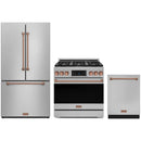 Gordon Ramsay by Thor Kitchen 3-Piece Appliance Package - 36-Inch Propane Gas Range, Tilt Panel, 36-Inch Refrigerator, and Dishwasher in Stainless Steel with Rose Gold Trim