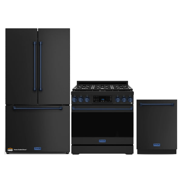 Thor Kitchen Gordon Ramsay 3-Piece Appliance Package - 36-Inch Gas Range with Tilt Panel, 36-Inch Refrigerator, and Dishwasher in Black with Blue Trim