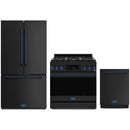 Gordon Ramsay by Thor Kitchen 3-Piece Appliance Package - 36-Inch Propane Gas Range, Tilt Panel, 36-Inch Refrigerator, and Dishwasher in Black with Blue Trim
