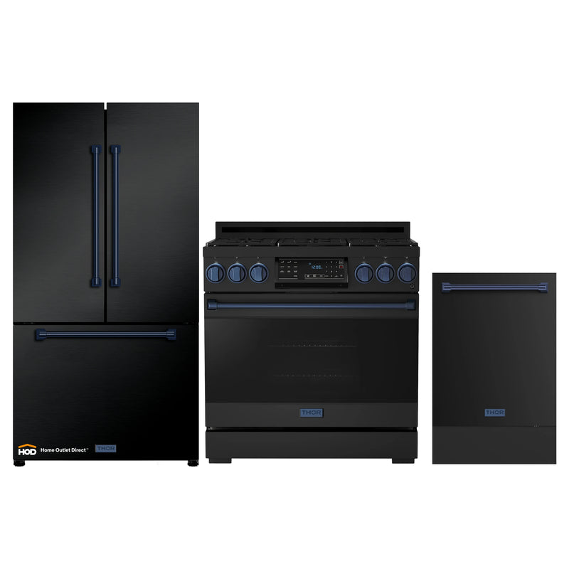 Thor Kitchen Gordon Ramsay 3-Piece Appliance Package - 36-Inch Gas Range with Tilt Panel, 36-Inch Refrigerator, and Dishwasher in Black with Blue Trim