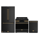 Gordon Ramsay by Thor Kitchen 3-Piece Appliance Package - 36-Inch Gas Range with Tilt Panel, 36-Inch Refrigerator, and Dishwasher in Black with Bronze Trim