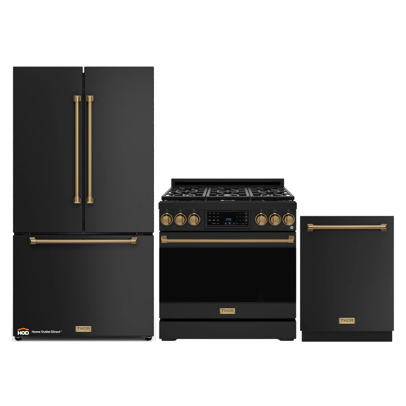 Thor Kitchen Gordon Ramsay 3-Piece Appliance Package - 36-Inch Gas Range with Tilt Panel, 36-Inch Refrigerator, and Dishwasher in Black with Bronze Trim