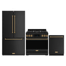 Gordon Ramsay by Thor Kitchen 3-Piece Appliance Package - 36-Inch Gas Range with Tilt Panel, 36-Inch Refrigerator, and Dishwasher in Black with Bronze Trim