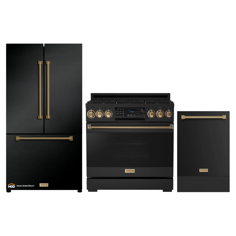 Thor Kitchen Gordon Ramsay 3-Piece Appliance Package - 36-Inch Gas Range with Tilt Panel, 36-Inch Refrigerator, and Dishwasher in Black with Bronze Trim