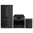 Gordon Ramsay by Thor Kitchen 3-Piece Appliance Package - 36-Inch Propane Gas Range, Tilt Panel, 36-Inch Refrigerator, and Dishwasher in Black with Rose Gold Trim