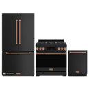 Gordon Ramsay by Thor Kitchen 3-Piece Appliance Package - 36-Inch Gas Range with Tilt Panel, 36-Inch Refrigerator, and Dishwasher in Black with Rose Gold Trim