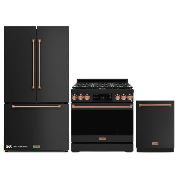 Thor Kitchen Gordon Ramsay 3-Piece Appliance Package - 36-Inch Gas Range with Tilt Panel, 36-Inch Refrigerator, and Dishwasher in Black with Rose Gold Trim