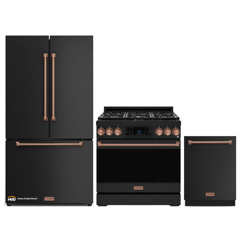 Thor Kitchen Gordon Ramsay 3-Piece Appliance Package - 36-Inch Gas Range with Tilt Panel, 36-Inch Refrigerator, and Dishwasher in Black with Rose Gold Trim