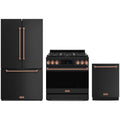 Gordon Ramsay by Thor Kitchen 3-Piece Appliance Package - 36-Inch Gas Range with Tilt Panel, 36-Inch Refrigerator, and Dishwasher in Matte Black with Rose Gold Trim