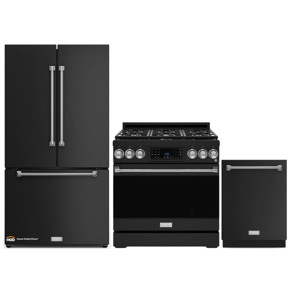 Thor Kitchen Gordon Ramsay 3-Piece Appliance Package - 36-Inch Gas Range with Tilt Panel, 36-Inch Refrigerator, and Dishwasher in Black with Stainless Steel Trim