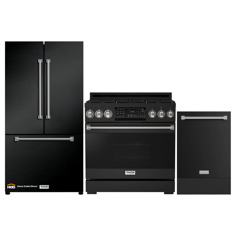 Thor Kitchen Gordon Ramsay 3-Piece Appliance Package - 36-Inch Gas Range with Tilt Panel, 36-Inch Refrigerator, and Dishwasher in Black with Stainless Steel Trim