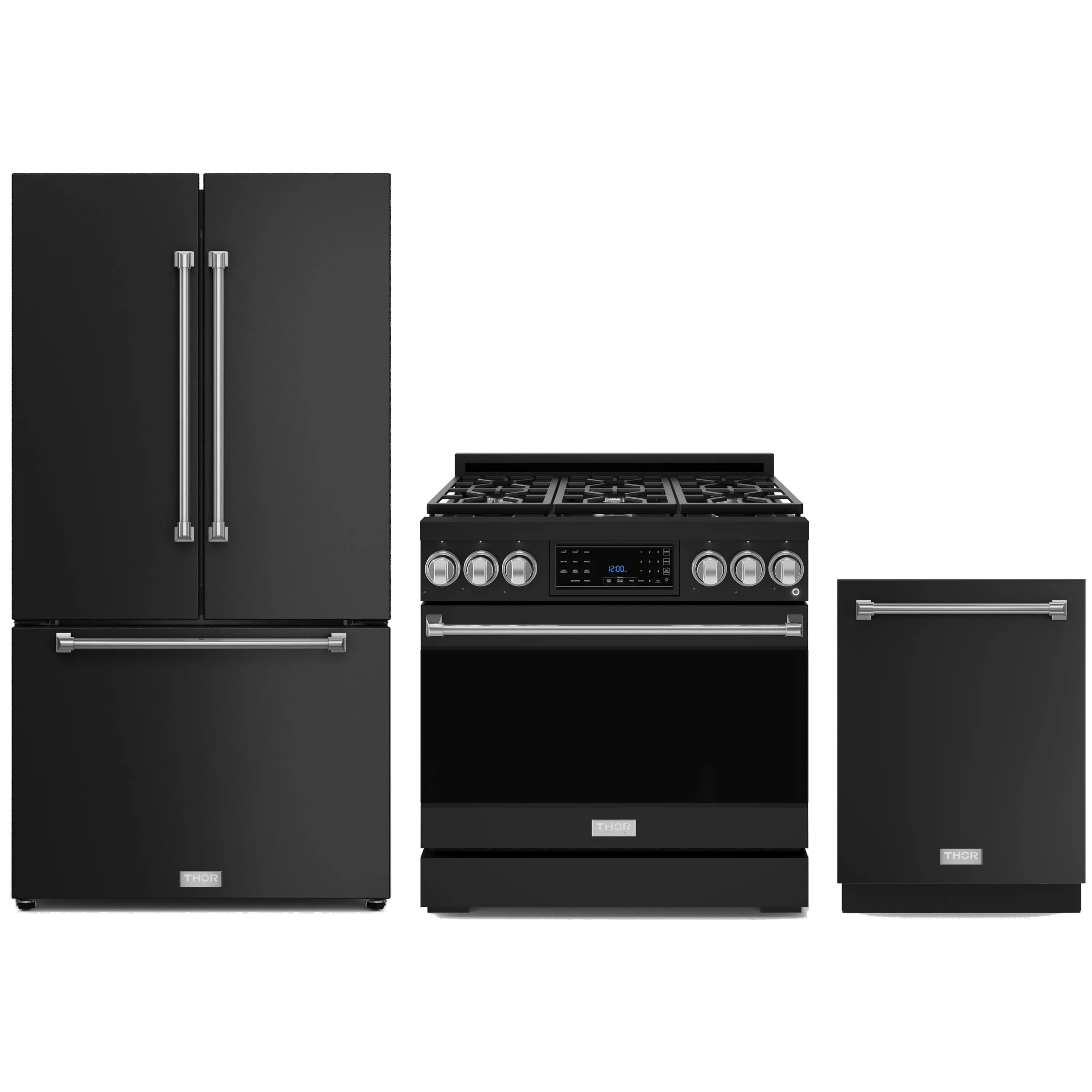 Black kitchen appliance package with gas range, refrigerator, and dishwasher with stainless trim