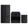 Gordon Ramsay by Thor Kitchen 3-Piece Appliance Package - 36-Inch Propane Gas Range, Tilt Panel, 36-Inch Refrigerator, and Dishwasher in Matte Black with Blue Trim