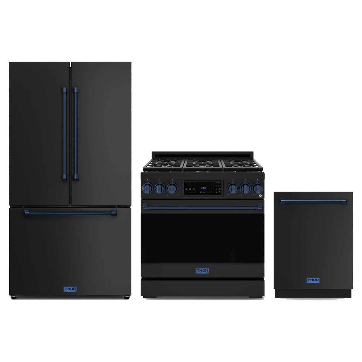 Gordon Ramsay by Thor Kitchen 3-Piece Appliance Package - 36-Inch Propane Gas Range, Tilt Panel, 36-Inch Refrigerator, and Dishwasher in Matte Black with Blue Trim