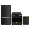 Gordon Ramsay by Thor Kitchen 3-Piece Appliance Package - 36-Inch Propane Gas Range, Tilt Panel, 36-Inch Refrigerator, and Dishwasher in Matte Black with Bronze Trim