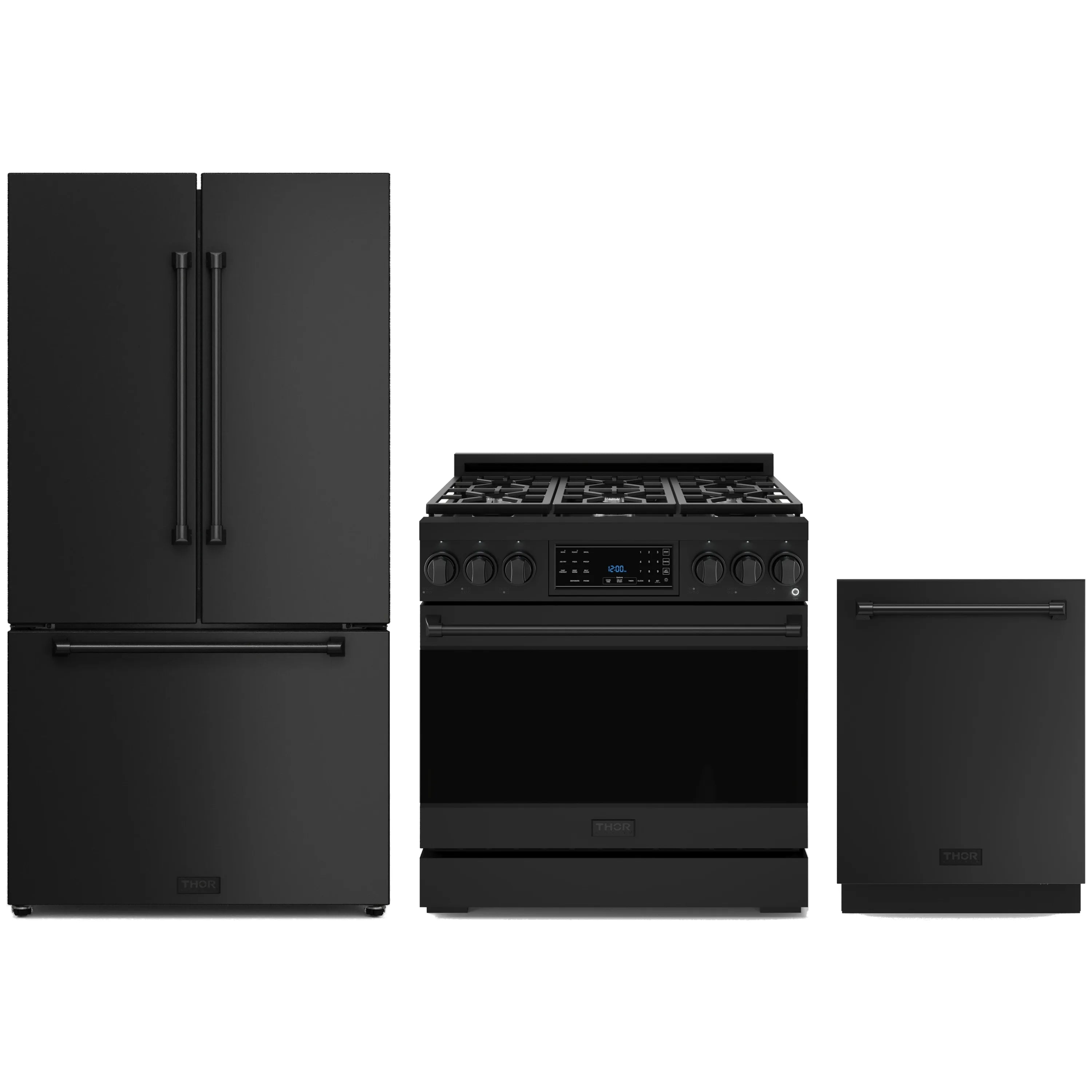 Black 3-piece kitchen appliance package: refrigerator, propane gas range, and dishwasher