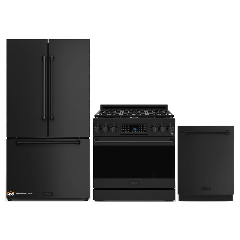 Gordon Ramsay by Thor Kitchen 3-Piece Appliance Package - 36-Inch Propane Gas Range, Tilt Panel, 36-Inch Refrigerator, and Dishwasher in Black