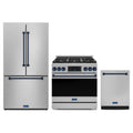 Gordon Ramsay by Thor Kitchen 3-Piece Appliance Package - 36-Inch Propane Gas Range, Tilt Panel, 36-Inch Refrigerator, and Dishwasher in Stainless Steel with Blue Trim