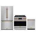 Gordon Ramsay by Thor Kitchen 3-Piece Appliance Package - 36-Inch Propane Gas Range, Tilt Panel, 36-Inch Refrigerator, and Dishwasher in Stainless Steel with Bronze Trim