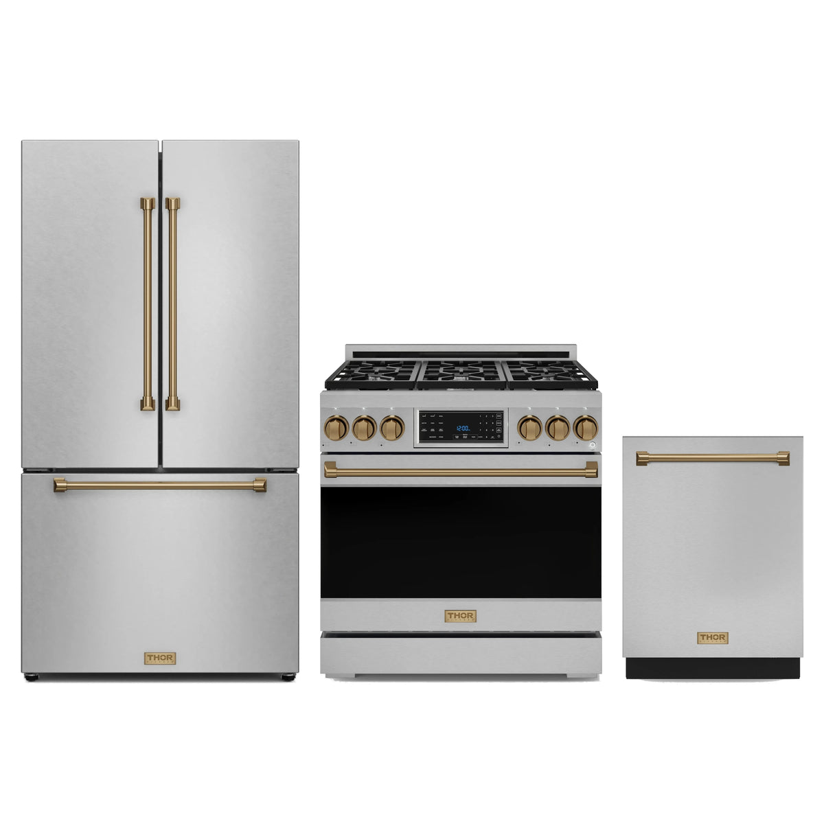 Gordon Ramsay by Thor Kitchen 3-Piece Appliance Package - 36-Inch Propane Gas Range, Tilt Panel, 36-Inch Refrigerator, and Dishwasher in Stainless Steel with Bronze Trim