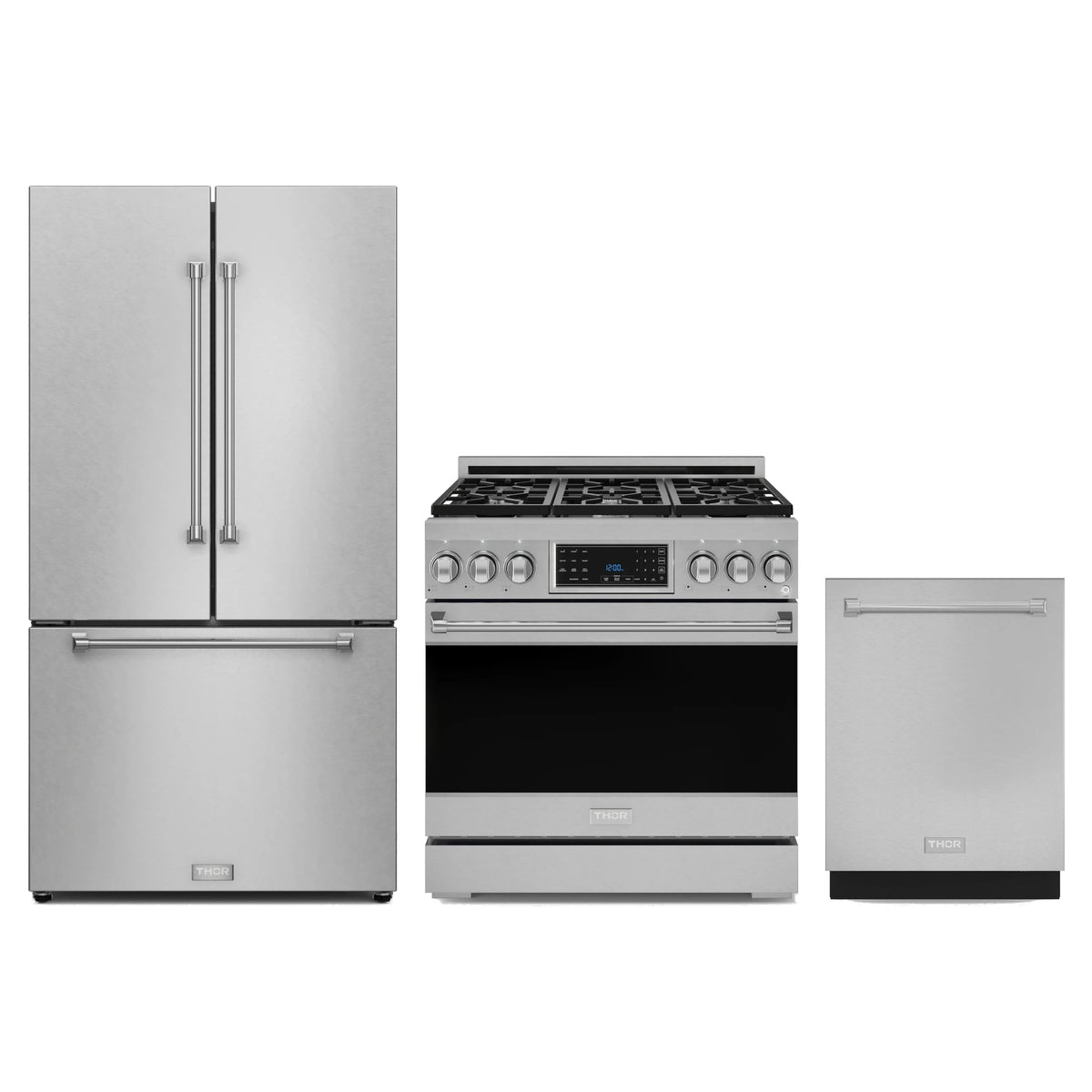 Gordon Ramsay by Thor Kitchen 3-Piece Appliance Package - 36-Inch Propane Gas Range, Tilt Panel, 36-Inch Refrigerator, and Dishwasher in Stainless Steel
