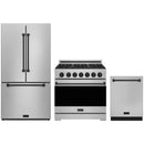 Stainless steel Thor Kitchen appliance package with 36-inch range, counter-depth refrigerator, dishwasher