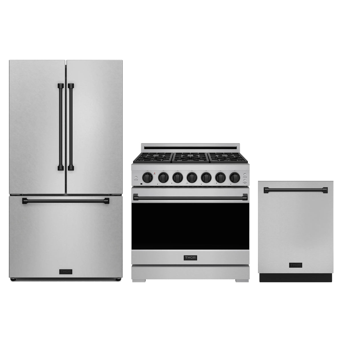 Gordon Ramsay by Thor Kitchen 3-Piece Appliance Package - 36-Inch Natural Gas Range, Counter-Depth Refrigerator, & Dishwasher in Stainless Steel with Black Trim