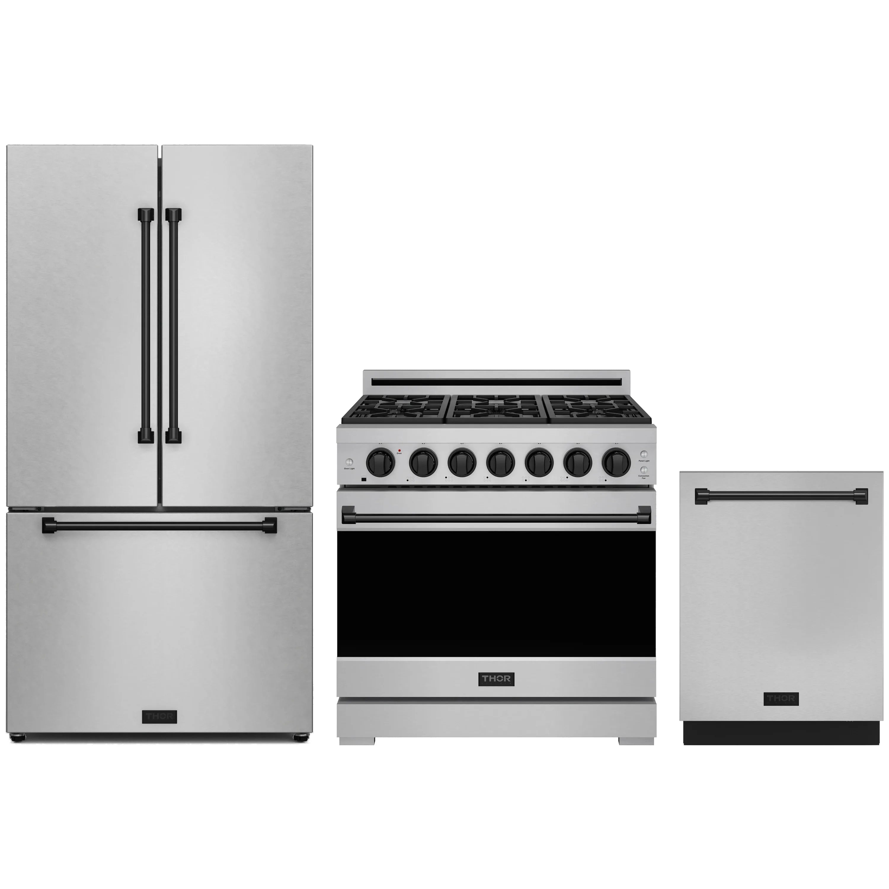 Stainless steel appliance package with gas range, counter-depth refrigerator, and dishwasher