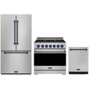 Stainless steel Thor Kitchen appliance package with 36-inch range, counter-depth refrigerator, dishwasher