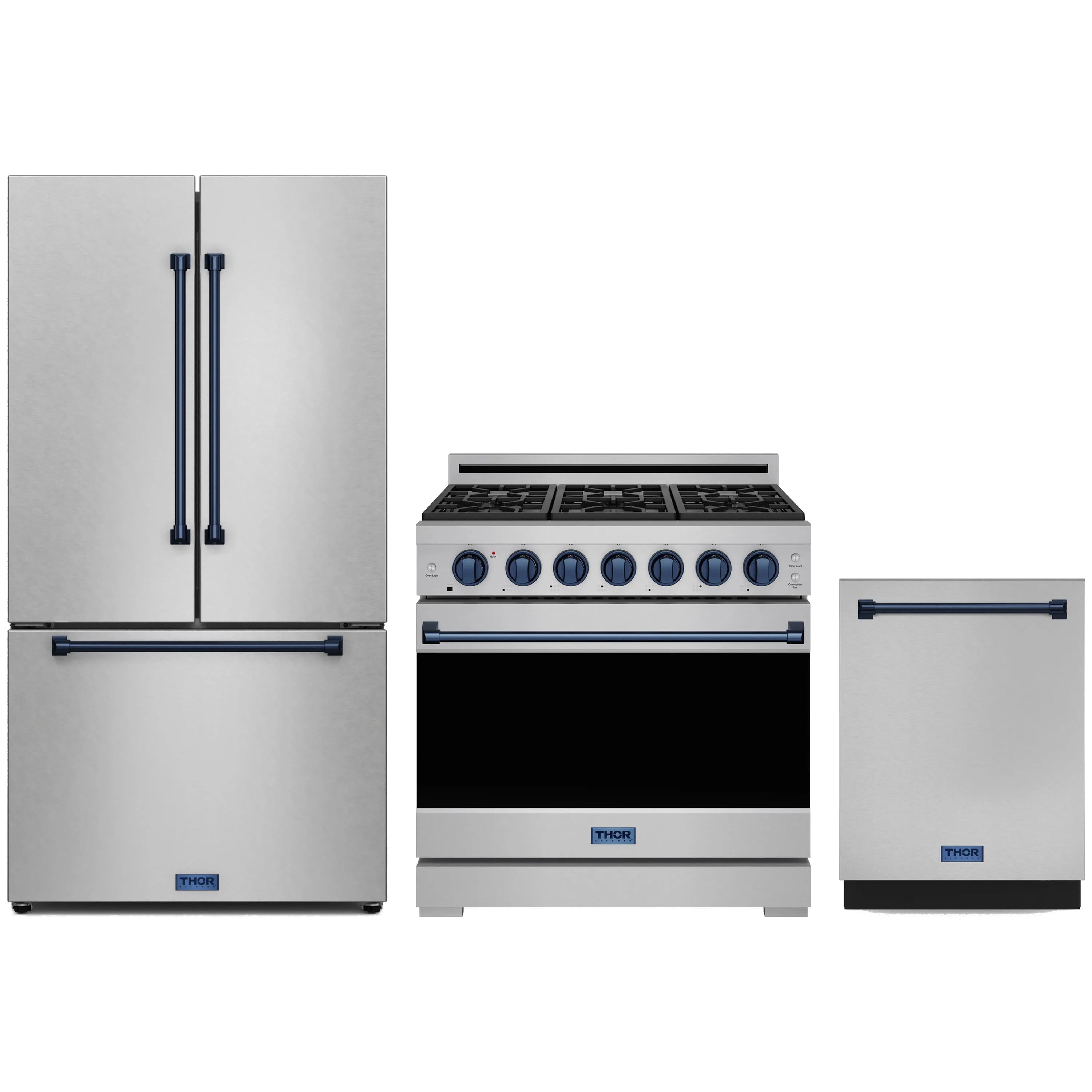 Stainless steel 3-piece appliance package: counter-depth refrigerator, gas range, dishwasher