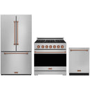 Stainless steel Thor Kitchen appliance package with 36-inch range, counter-depth refrigerator, dishwasher