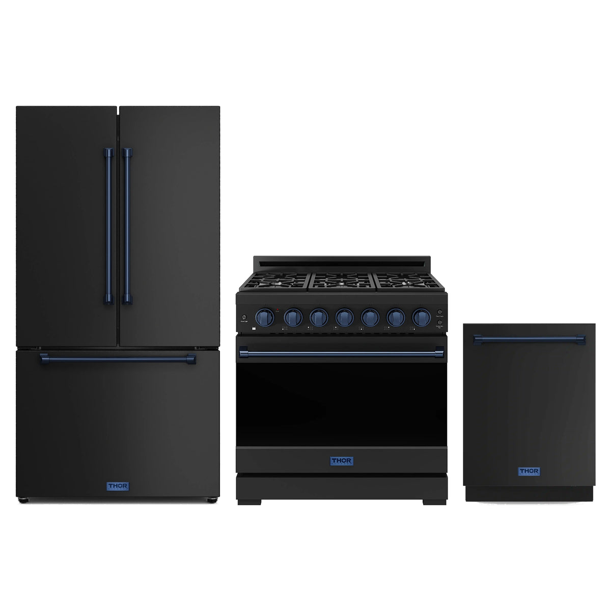 Gordon Ramsay by Thor Kitchen 3-Piece Appliance Package - 36-Inch Propane Gas Range, Counter-Depth Refrigerator, & Dishwasher in Matte Black with Blue Trim