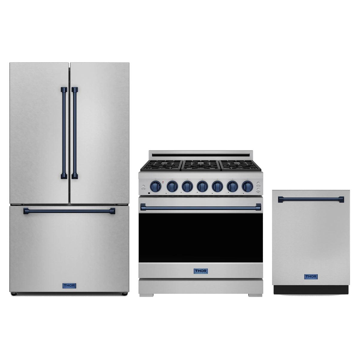 Gordon Ramsay by Thor Kitchen 3-Piece Appliance Package - 36-Inch Propane Gas Range, Counter-Depth Refrigerator, & Dishwasher in Stainless Steel with Blue Trim