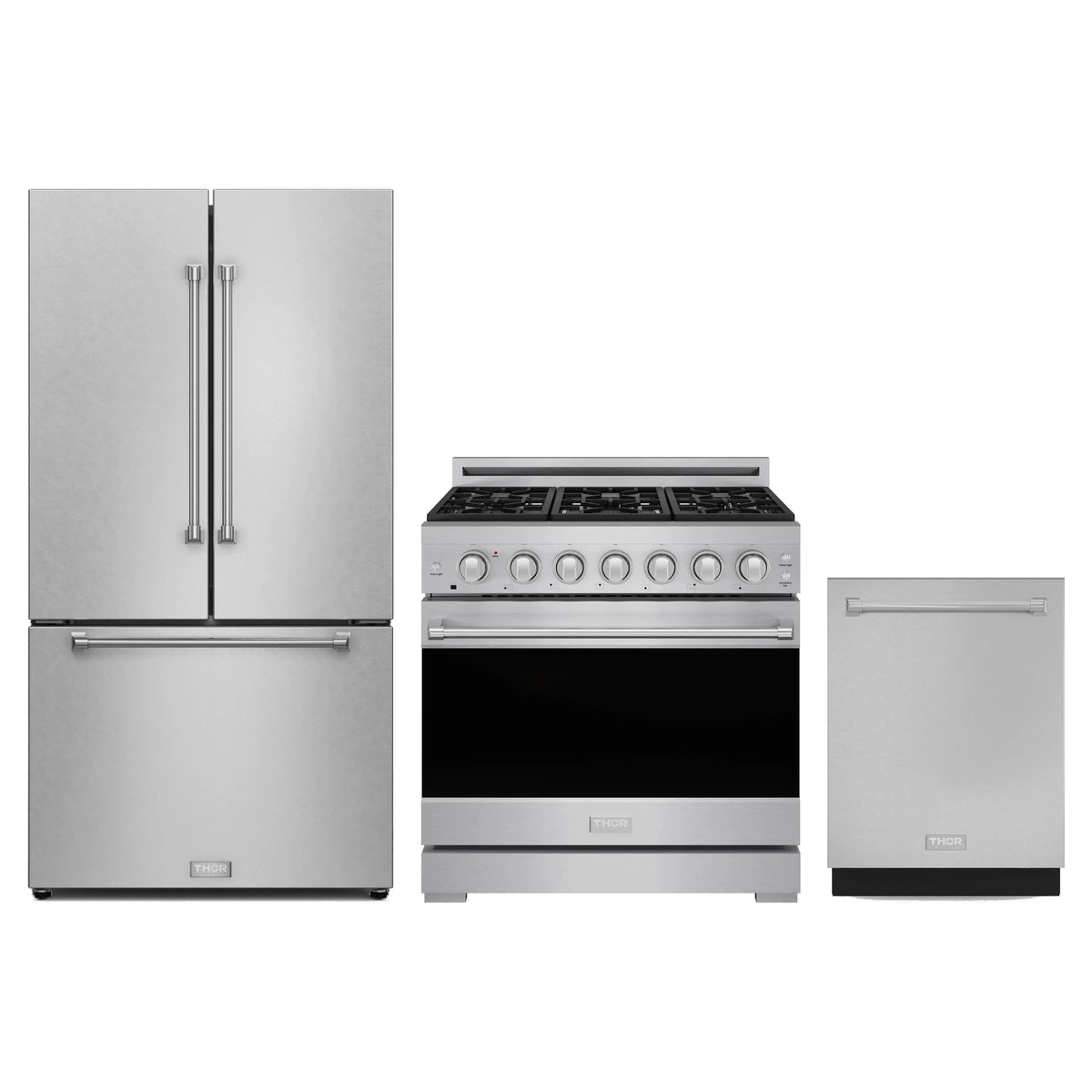 Gordon Ramsay by Thor Kitchen 3-Piece Appliance Package - 36-Inch Propane Gas Range, Counter-Depth Refrigerator, & Dishwasher in Stainless Steel