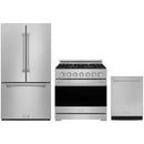 Stainless steel Thor Kitchen appliance package with 36-inch range, counter-depth refrigerator, dishwasher