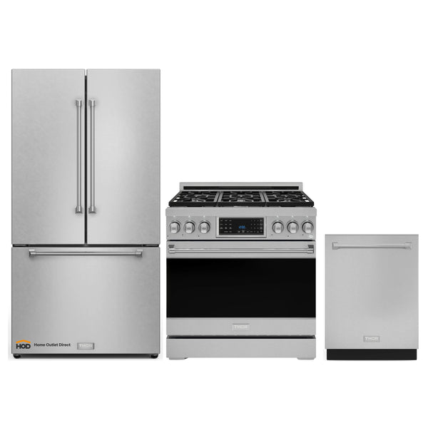 Thor Kitchen Gordon Ramsay 3-Piece Appliance Package - 36-Inch Gas Range with Tilt Panel, 36-Inch Refrigerator, and Dishwasher in Stainless Steel