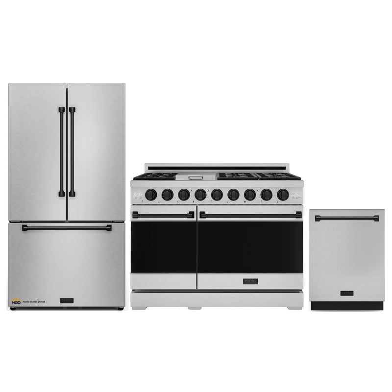 Thor Kitchen Gordon Ramsay 3-Piece Appliance Package - 48-Inch Gas Range with Double Oven, 36-Inch Refrigerator, and Dishwasher in Stainless Steel with Black Trim