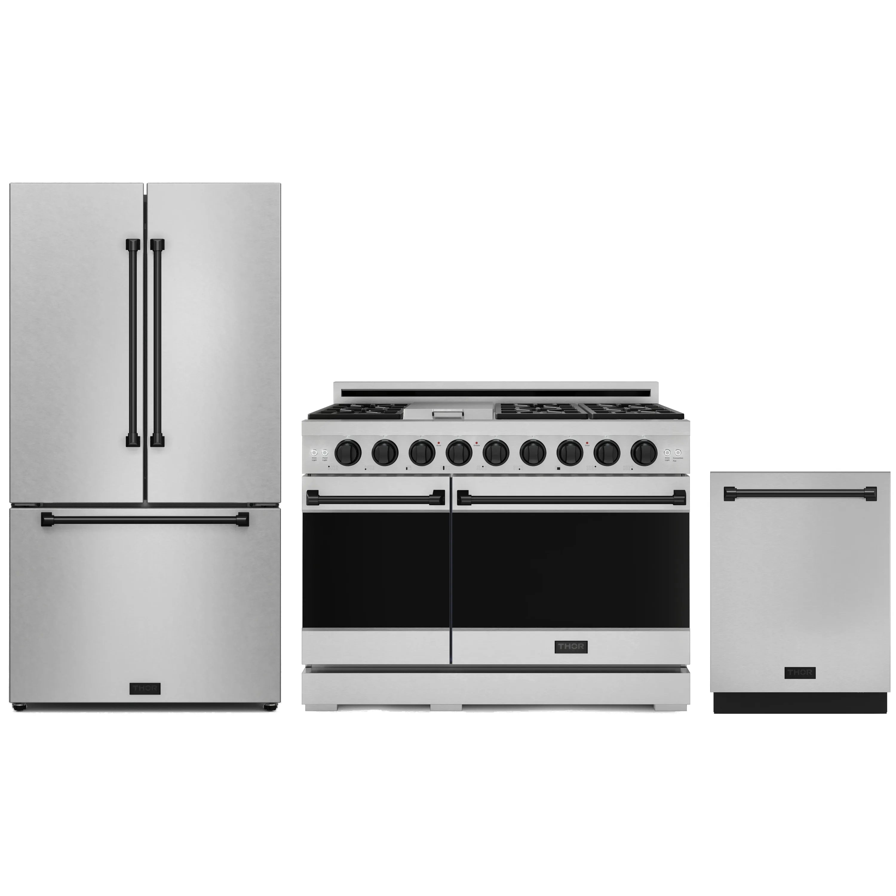 Stainless steel 48-inch gas range with double oven, 36-inch refrigerator, dishwasher set