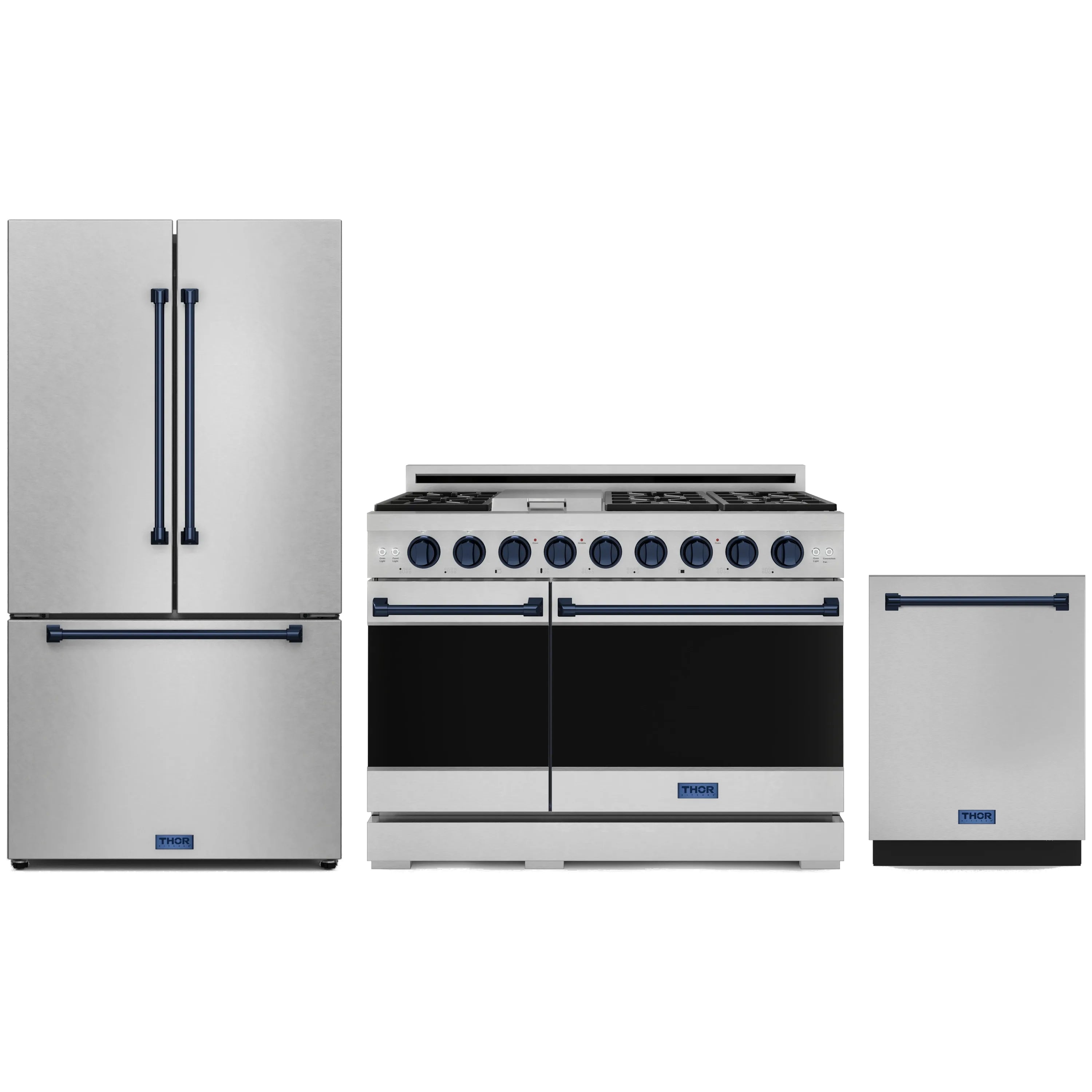 Stainless steel appliance package with blue trim: double-oven gas range, fridge, dishwasher