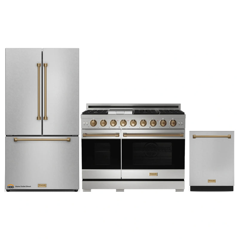 Gordon Ramsay by Thor Kitchen 3-Piece Appliance Package - 48-Inch Propane Gas Range, Double Oven, 36-Inch Refrigerator, and Dishwasher in Stainless Steel with Bronze Trim