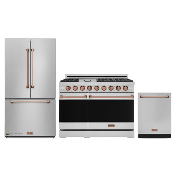 Thor Kitchen Gordon Ramsay 3-Piece Appliance Package - 48-Inch Gas Range with Double Oven, 36-Inch Refrigerator, and Dishwasher in Stainless Steel with Rose Gold Trim