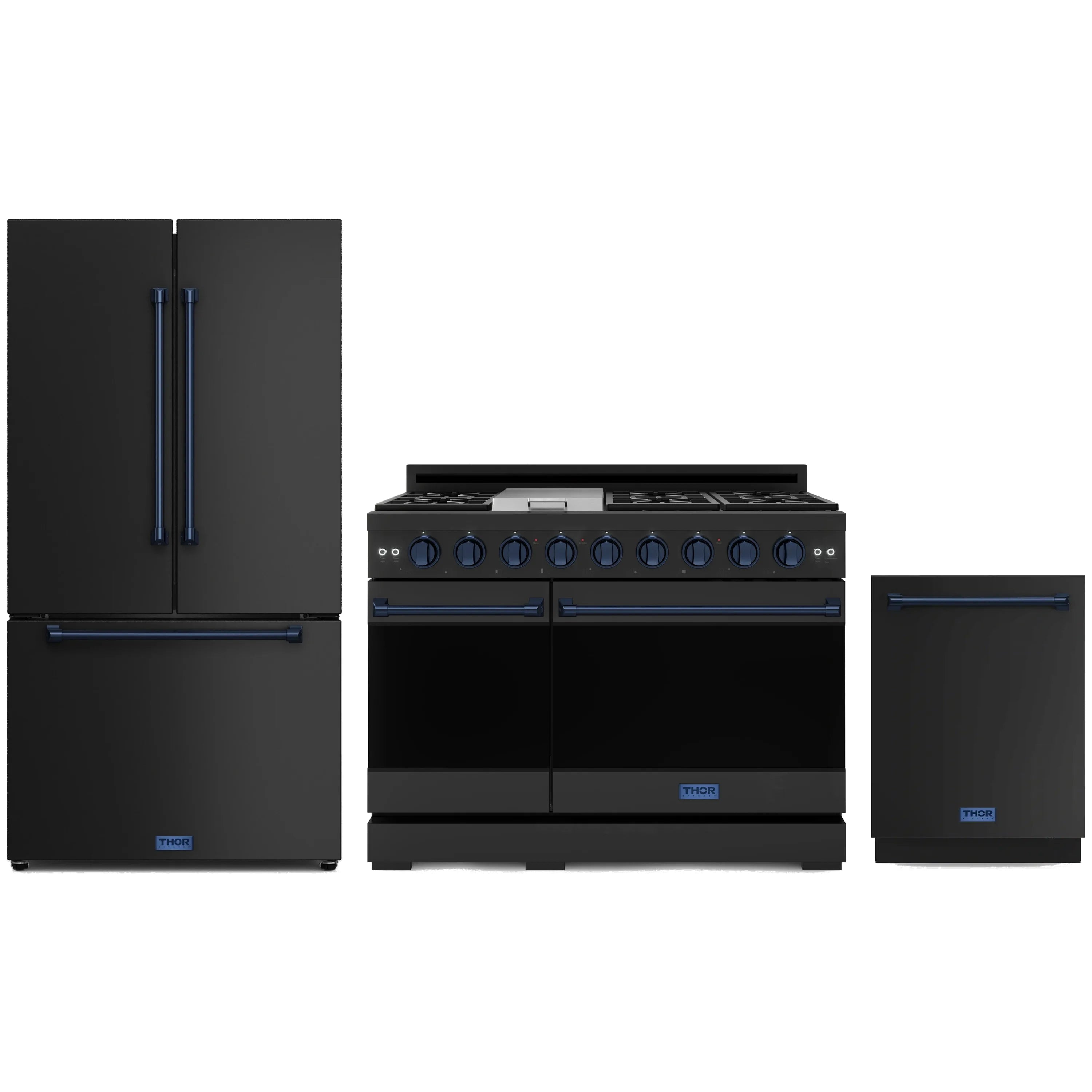 Black appliance package with blue trim: dual-oven gas range, double-door refrigerator, dishwasher