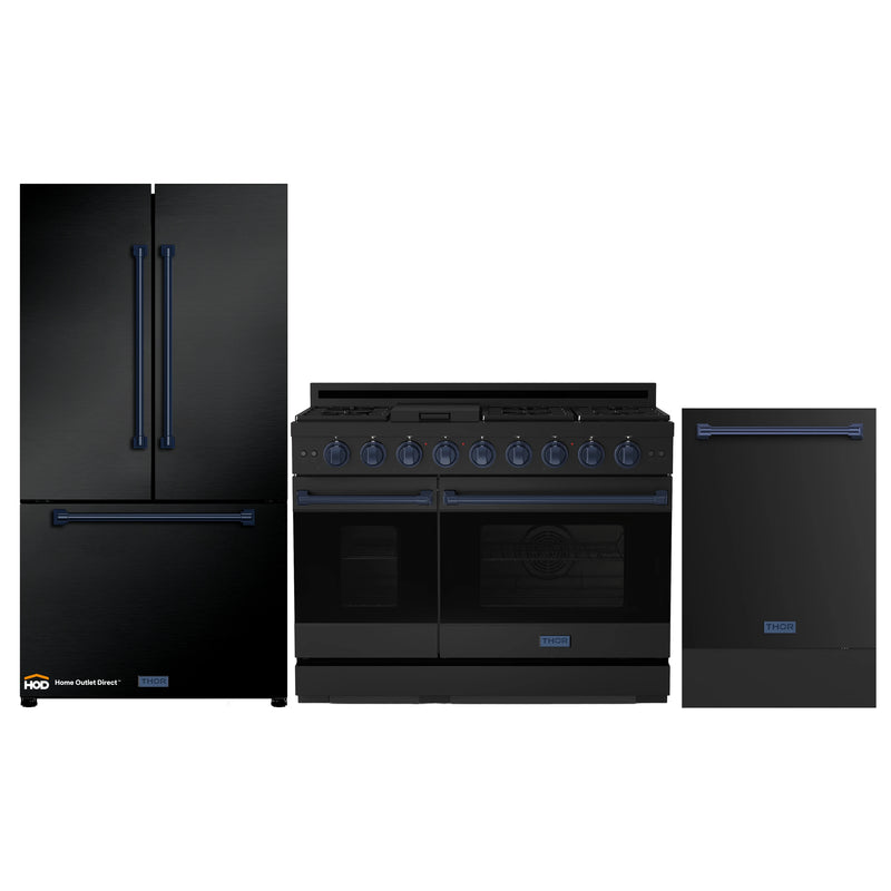 Thor Kitchen Gordon Ramsay 3-Piece Appliance Package - 48-Inch Gas Range with Double Oven, 36-Inch Refrigerator, and Dishwasher in Black with Blue Trim