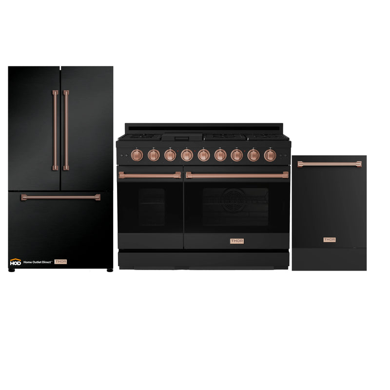 Thor Kitchen Gordon Ramsay 3-Piece Appliance Package - 48-Inch Gas Range with Double Oven, 36-Inch Refrigerator, and Dishwasher in Black with Rose Gold Trim