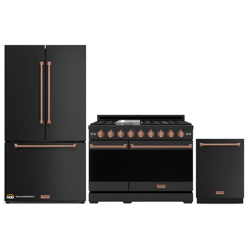 Thor Kitchen Gordon Ramsay 3-Piece Appliance Package - 48-Inch Gas Range with Double Oven, 36-Inch Refrigerator, and Dishwasher in Black with Rose Gold Trim